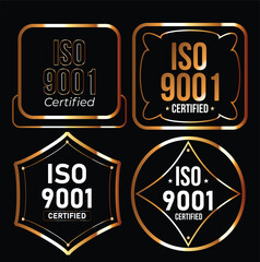 Obraz premium ISO 9001 Stamp Sign – Certified Gold Quality Badges and Set on Black Background