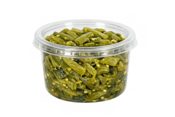 Pickled green chile peppers in clear plastic deli container, a spicy mexican food condiment ingredient