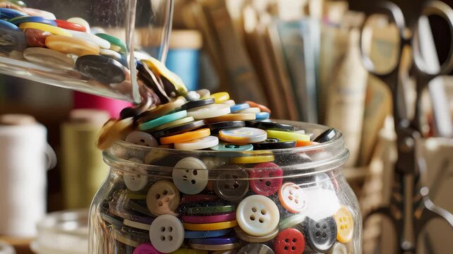 Pouring Colorful Buttons Into a Glass Jar on a Wooden Table