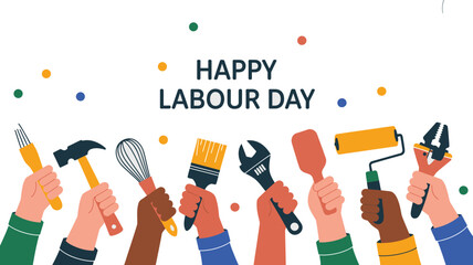 Diverse hands holding different working tools for Happy Labour Day