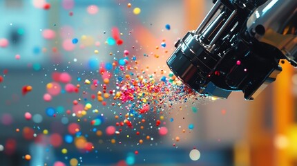 Innovative industrial production process showing a 3d printer creating colorful plastic polymer granules, representing advanced manufacturing and additive manufacturing technologies