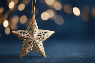 Delicate star ornament glimmers amidst soft bokeh lights, evokin