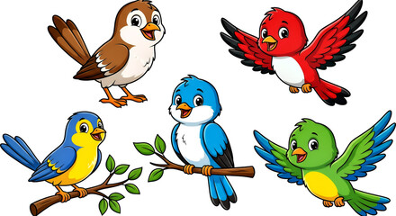 Naklejka premium Colorful Collection of Cheerful Cartoon Birds in Diverse Poses: Flying, Perching, and Standing, featuring Red, Blue, Green, Brown, and Yellow Fowl, isolated on transparent background.