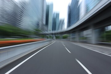 Fototapeta premium Car traveling on a road with blurred cityscape and elevated highway.