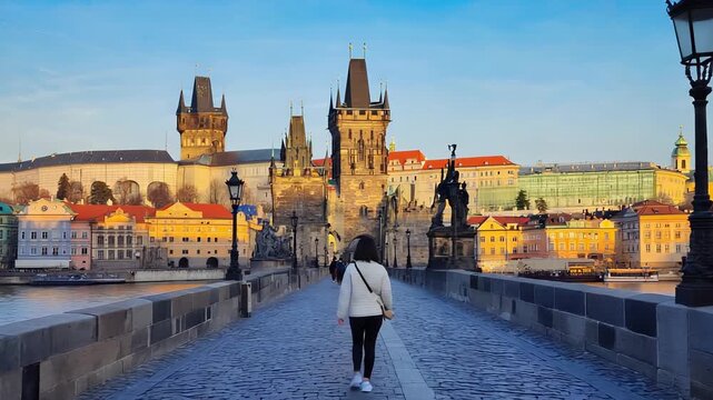 Woman Walks Across Charles Bridge in Prague, Czech Republic, Enjoying Historic Cityscape and River Views at Dawn.