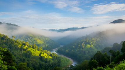 Obraz premium Misty green valley with a river winding through lush hills under a bright blue sky with clouds