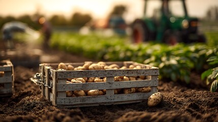 Potato harvest in wooden crates with tractor in background