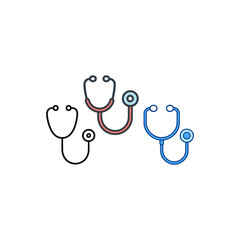 A clean, minimalist vector illustration featuring three stethoscopes in black, red, and blue, set against a stark white background.