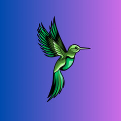 Obraz premium Vibrant green hummingbird in mid-flight, wings spread, on a gradient blue and pink background, depicting nature's beauty and dynamic movement, perfect for wildlife and nature themes