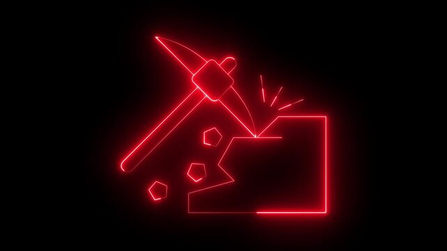 Glowing neon metals mining icon isolated on black background. 4k video animation.