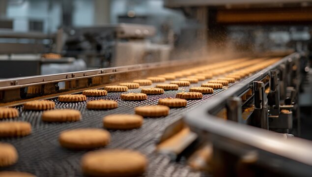 Plain cookies on a conveyor belt in a food factory