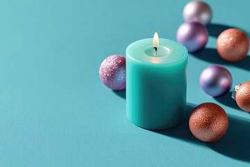 Soft teal candle illuminated, surrounded by shimmering ornaments