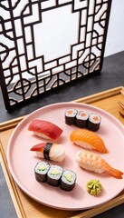 Soft Pastel Tone Assorted Sushi Platter with Salmon and Tuna for Japanese Cuisine