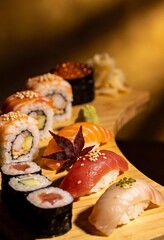 Studio Lighting Assorted Premium Sushi Platter on Wooden Board with Romantic Golden Atmosphere