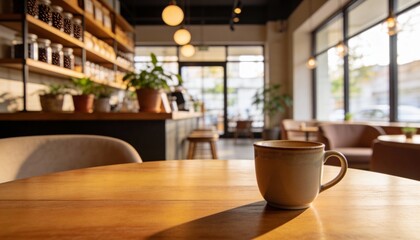 Cozy Coffee Shop Interior with Wooden Table and Mug with Blurred Shelves Background