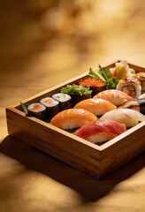 Studio Lighting Assorted Premium Sushi Platter on Wooden Board with Romantic Golden Atmosphere