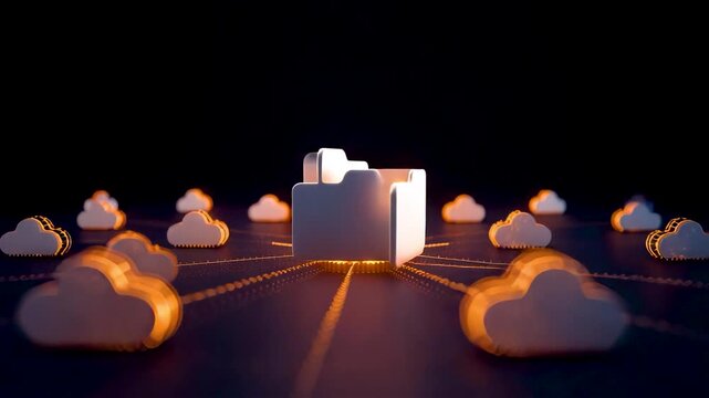 Glowing white cloud storage folder connected by golden data lines surrounded by floating orange clouds dark digital background