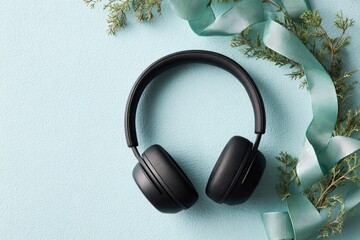 Stylish black headphones placed on soft blue background with gre