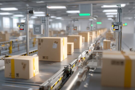 Automated warehouse distributing packages on conveyor belts, modern sorting system for e commerce logistics and shipping