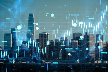Financial market data overlay on San Francisco skyline showing growth and economic analysis concept with digital chart graphics.