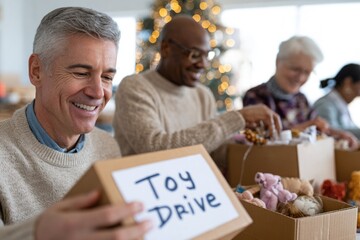 Cheerful volunteers sorting toys for community drive, promoting