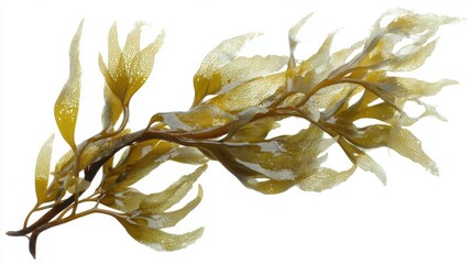 Detailed close-up of brown seaweed leaves on white background.