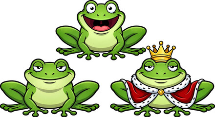 Naklejka premium Cute cartoon green frogs featuring a happy laughing frog, a content smiling frog, and a royal king frog with a golden crown and red cape, isolated on transparent background.