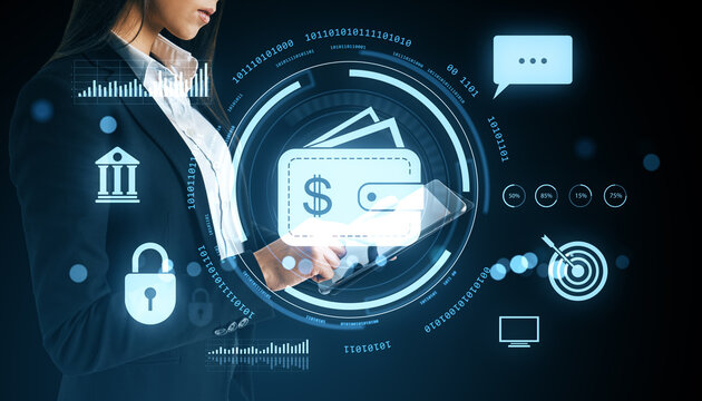 Businesswoman using digital wallet interface on smart device with futuristic financial icons and holographic elements on dark background. - Powered by Adobe