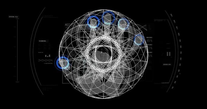 Animation of fingerprints over rotating geometric linear shape on black background