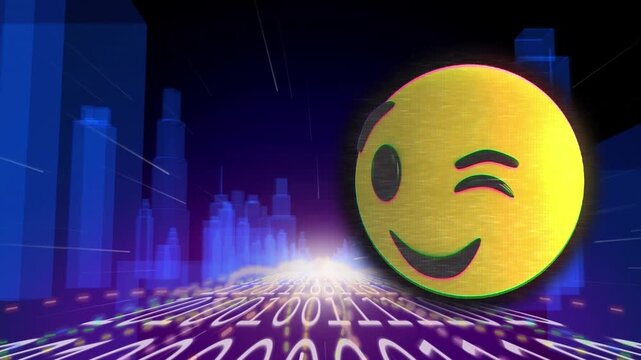 Animation of emoji icon and binary coding over digital city