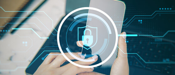 Smartphone security concept with padlock icon overlayed on digital interface background showing data protection and cyber safety technology symbol.