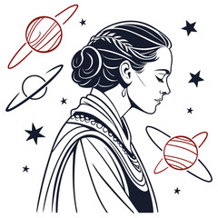 Female character surrounded by abstract star maps and planets © dddd