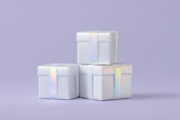 Stylish stacked gift boxes with iridescent ribbons against soft