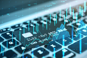 Digital credit card and financial stock trading graph hologram over keyboard in futuristic investment and forex market analysis concept background. 3D Rendering