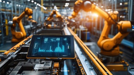 Robotic arms are working on an assembly line in a smart factory, with a tablet displaying production data, highlighting automation, innovation, and efficiency in manufacturing