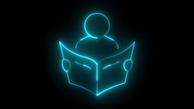 glowing neon person reading book icon isolated on black background. futuristic education, learning, knowledge, and study concept. 4k video animation.