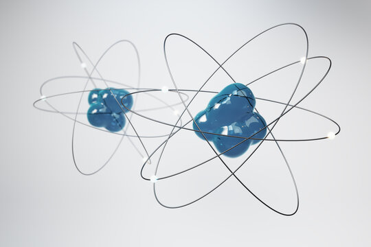 Atomic structure model with electron orbits and nucleus, isolated on white background representing quantum physics and molecular science concept. 3D Rendering