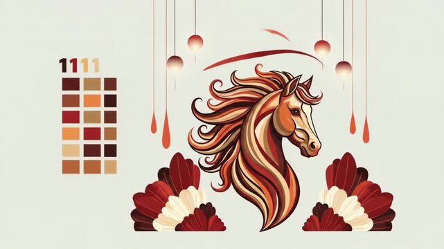 Elegant Horse Head Illustration with Color Palette and Hanging Lights.