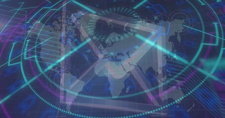 Animation of data processing over world map and scope scanning - Powered by Adobe