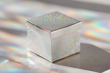 Shimmering box reflects light, creating colorful patterns on sur