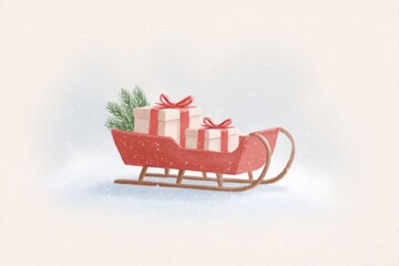 Festive sleigh adorned with brightly wrapped gifts and evergreen
