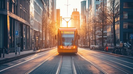 Obraz premium Modern tram in urban setting symbolizes efficient and sustainable city transport