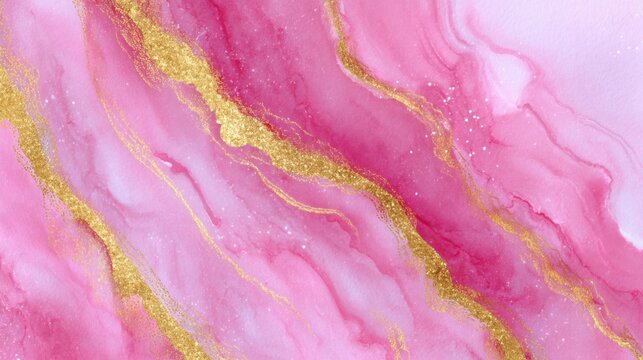 Elegant pink and gold abstract marble texture with glitter accents.
