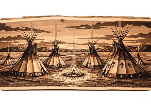 Pyrography art on wooden board showing native american teepee village campfire sunset