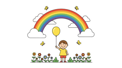 Happy boy holding yellow balloon under rainbow illustration
