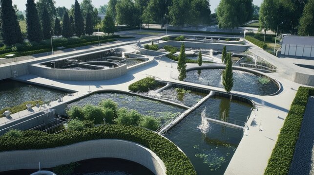 Modern urban wastewater treatment plant with advanced water recycling, purifying, and filtration systems ensuring safe drinking water