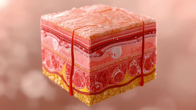 3D cross section skin layers cube anatomy epidermis dermis fat tissue detailed medical structure pink orange tones