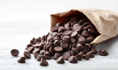 Bag of Chocolate Chips Spilling onto White Surface