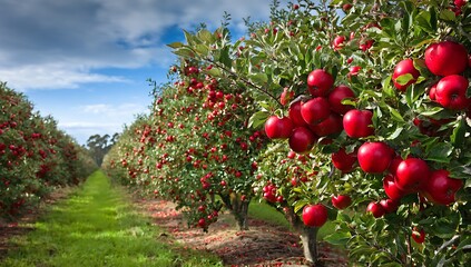 Rows of apple trees heavy with ripe red fruit under blue sky