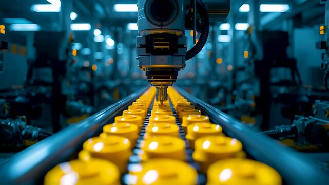 Automated assembly line conveyor belt yellow bottle caps production factory machinery industrial manufacturing process